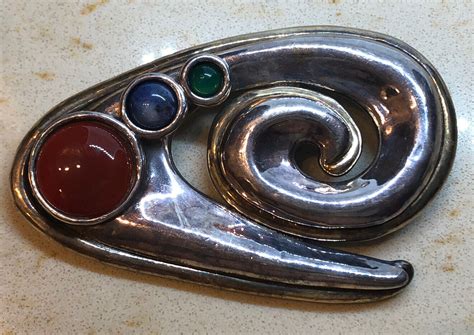 Large Modern Puffy Signed Brooch Pin Sterling Silver Gem