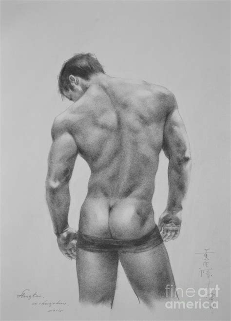 Original Drawing Sketch Charcoal Male Nude Gay Man Body Art Pencil On