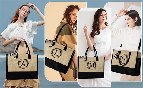 Yoolife Initial Beach Bag For Women Jute Travel Tote Bags Embroidery O Monogram