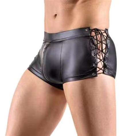 Faux Leather Boxer Briefs Swim Trunks Bikini Underwear For Men Wet Look