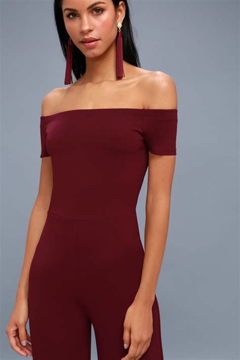 Sexy Burgundy Off The Shoulder Jumpsuit Wide Leg Jumpsuit