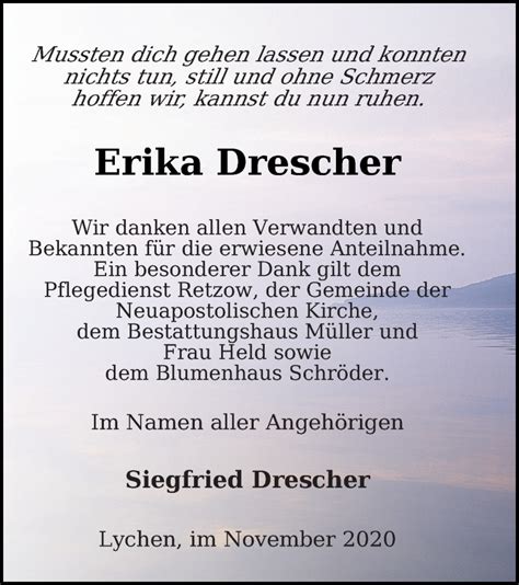 Traueranzeigen Von Erika Drescher Trauer Nordkurier