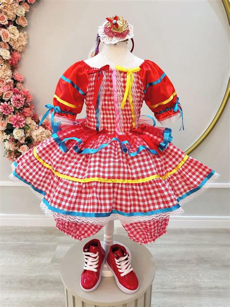 Vestido Infantil Junino Arraiá Vermelho Xadrez Colorido Elo7