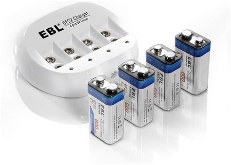 EBL 9V Rechargeable Batteries 4 Packs 600mAh With 4 Bay 9V Lithium