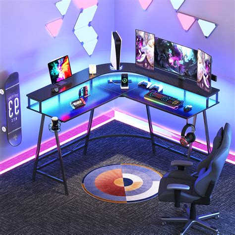 Huuger L Shaped Gaming Desk With Led Lights And Power Outlets Computer