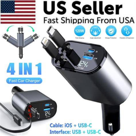 In Fast Car Phone Charger W With Usb Type C Cable Retractable