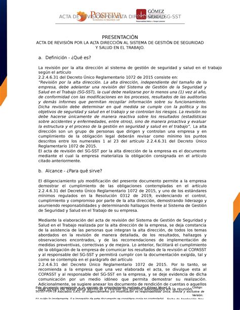 Modelo Acta De Revision Del Sg Sst Por La Alta Direcci N De La Empresa