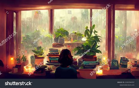 Lofi Girl Studying Her Desk Rain Stock Illustration 2192764707