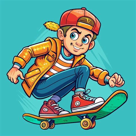 Um desenho de desenho animado de um menino em um skate um chapéu