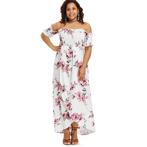 Wipalo Plus Size Floral Print Empire Waist Off Shoulder Dress