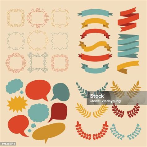 Big Vector Set Of Different Shapes Ribbons Laurels Labels And Speech Bubbles In Flat Style Stock