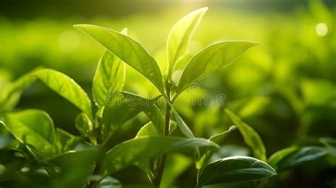 Beautiful Green Tea Leaves With Sunlight Close Generative Ai Stock