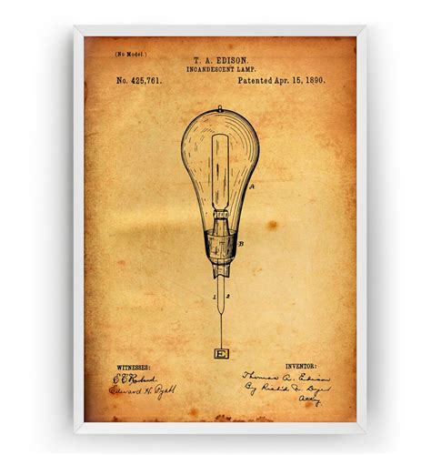 Thomas Edison Incandescent Light Bulb 1890 Patent Print Wall Etsy Uk