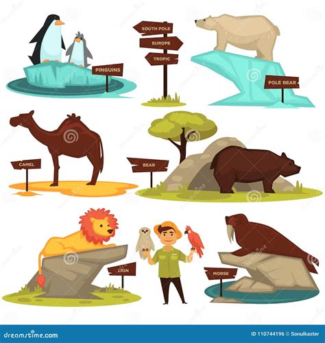 Zoo Animals Names And Map Direction Wooden Signs Vector Cartoon ...