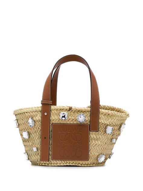 Loewe Raffia Crystal Embellished Tote In Brown Lyst