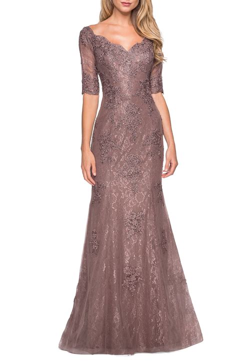 La Femme Beaded V Neck Lace Gown Nordstrom