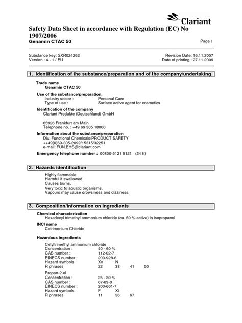 Msds Genamin Ctac 50 Pdf Toxicity Combustion