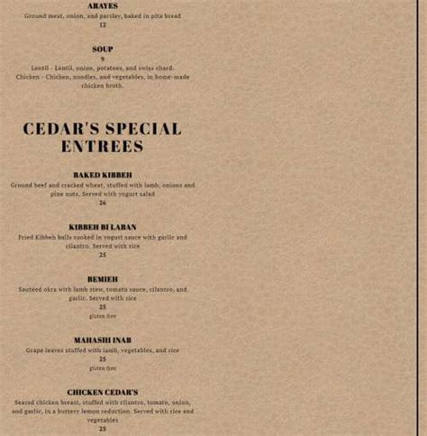 Cedars Restaurant Menu In Orlando Florida Usa