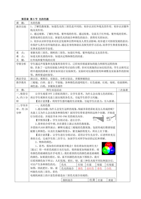 2015年人教版物理八年级上册（新）第四章 第5节 光的色散 教案 21世纪教育网