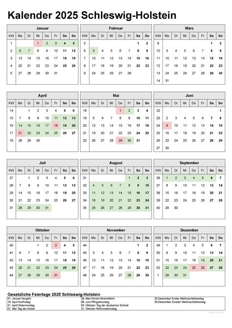 Kalender 2025 Schleswig Holstein Kostenlos Ferien Übersicht Feiertage