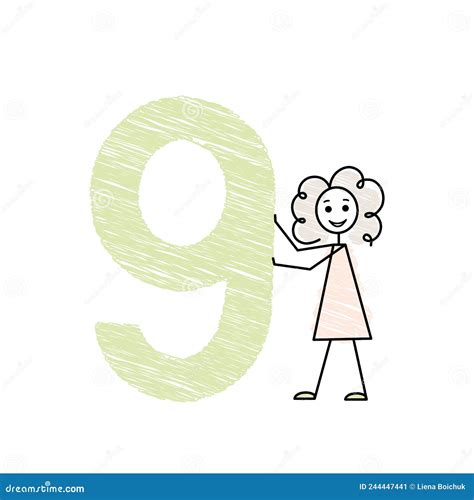 Cute Little Girl With Big Green Number Nine Numbers For Kids Simple