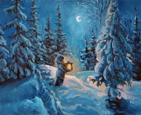 Premium Photo | Original oil painting on canvas night winter forest ...