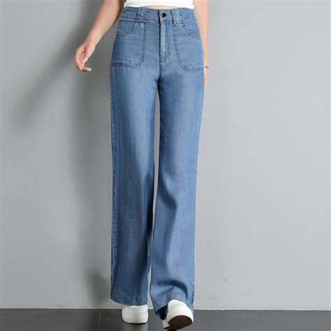 Womens Tencel Jeans High Waist Jeans New Fashion Wide Leg Jeans Loose