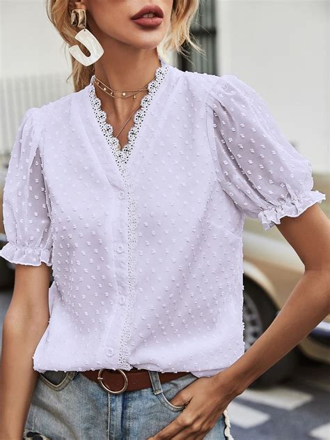 Swiss Dot Lace Trimed Blouse Blouse Blouses For Women Lace