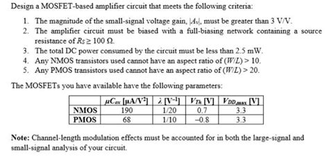 Solved Design a MOSFET-based amplifier circuit that meets | Chegg.com