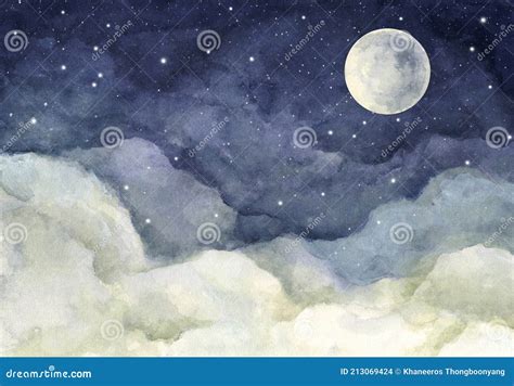 Watercolor Painting Of Night Sky With Full Moon And Shining Stars Stock