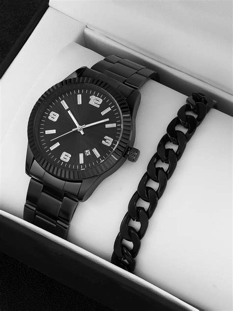 1pc Men Round Pointer Date Quartz Watch 1pc Bracelet Quartz Watch