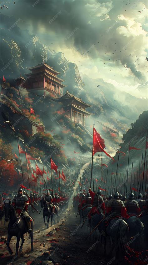 Ancient Chinese battlefield with warriors and red flags under a stormy ...