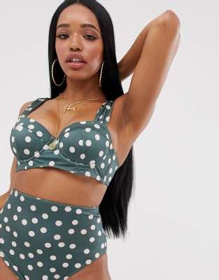 Top De Bikini Ancho Con Aros Y Estampado De Lunares Caqui En Copas E G De ASOS DESIGN Fuller