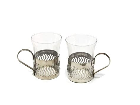 Vintage Italian Espresso Coffee Cups Set Of 2 Glass And Metal Cristallerie Artistiche Decorate