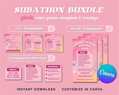 Pink Subathon Social Media Bundle Retro Gaming Theme For Twitch Streamers Editable Canva