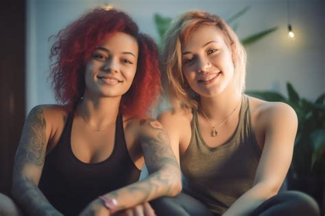 Premium Ai Image Lovely Lesbian Couple Having A Good Time Practicing Mindfulness Meditation
