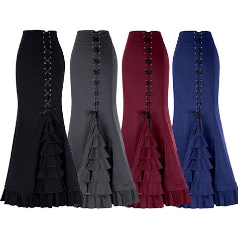 Women S Gothic Vintage Skirt Victorian Steampunk Lace Up Tiered Ruffled