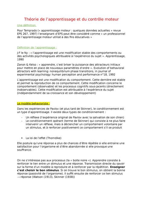 Les Th Ories De L Apprentissage Et Du Controle Moteur Th Orie De L