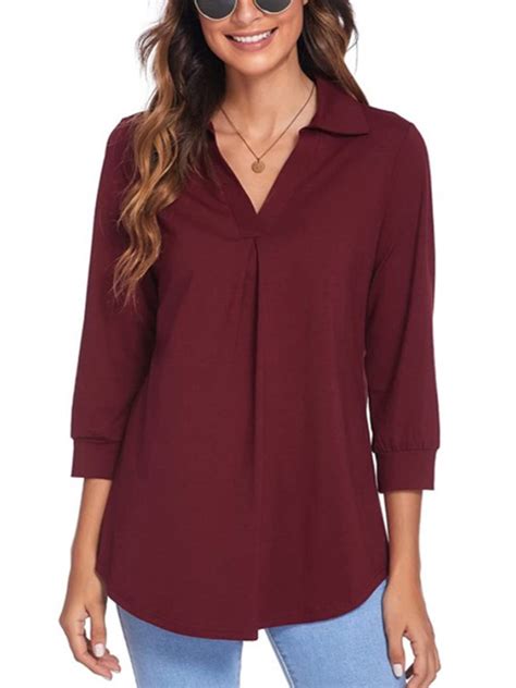 Grianlook V Neck Shirts 34 Sleeve Shirts For Women Business Office Work Casual Loose Tops Solid