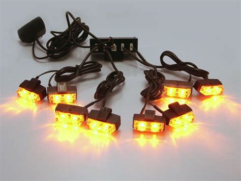 Amber 8 Piece Grill Mount LED Emergency Flashing Strobe Light Set For