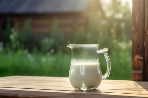 Una Jarra De Leche De Vidrio Se Sienta En Una Mesa De Madera Frente A