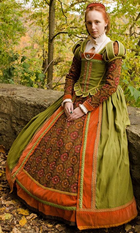 Renaissance Tudorcostume Elizabethan Green And Orange Gown