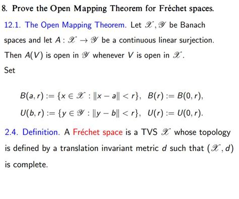 Get Answer Prove The Open Mapping Theorem For Fréchet Spaces 12 1