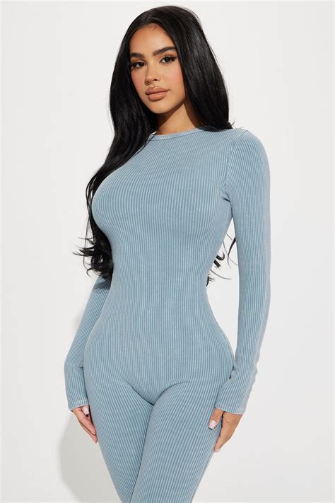 Katie Mineral Wash Rib Jumpsuit Light Blue Fashion Nova Jumpsuits