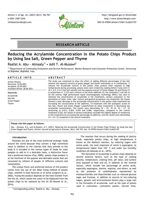 Pdf Reducing The Acrylamide Concentration In The Potato Chips Product