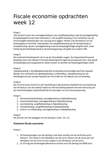 Opdrachten Week 12 Fiscale Economie Opdrachten Week 12 Vraag 1 Het