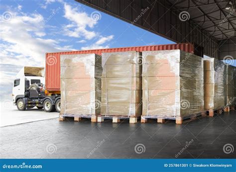 Packaging Boxes Wrapped Plastic Stacked On Pallets Loading Into Cargo