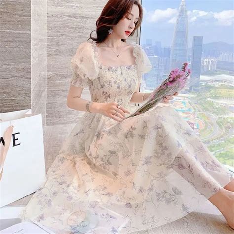 Vestido De Chif N Con Flores Para Mujer Prenda Elegante Coreana Con