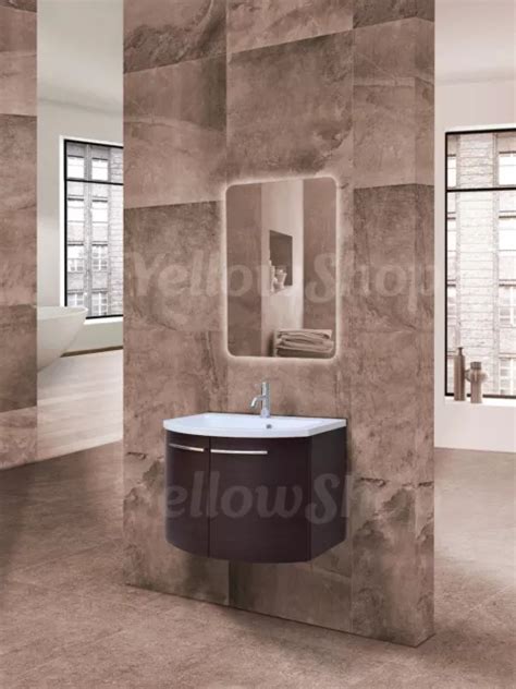 Mobile Bagno Curvo Sospeso Con Lavabo E Specchio Led Moderno Cm