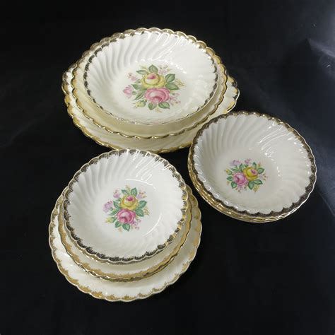 Vintage Quban Royal China 13 Piece Set Pink Roses Floral 22k Gold